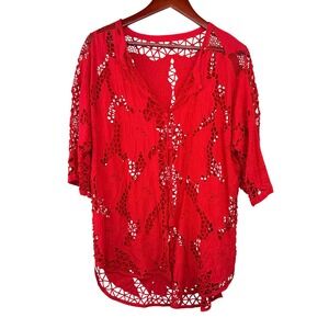 Bali Emerald Crochet Lace Kimono Cardigan Women One Size Red Floral Open Knit
